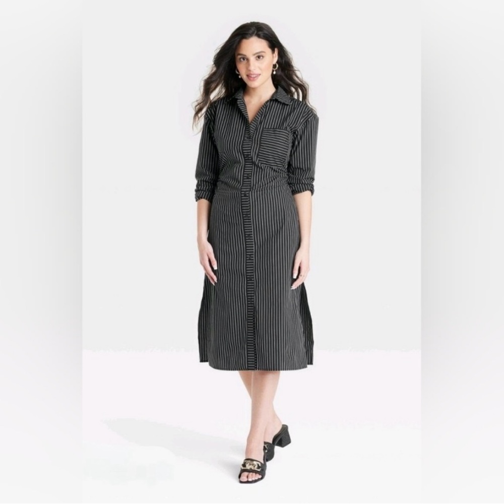 NWT A New Day Midi Shirt Dress Striped Black White Long Sleeved Size S